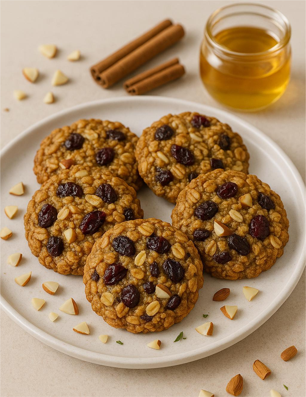 Zdravi ovseni kolačići sa bademima i suvim voćem na drvenoj dasci