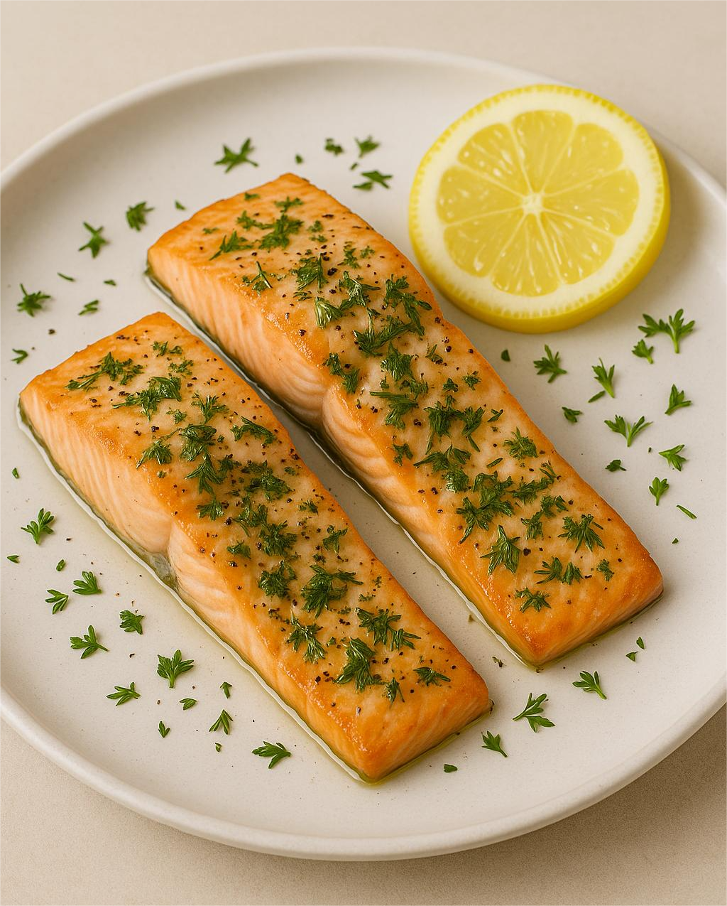 Pečeni losos sa limunom i začinskim biljem na tanjiru sa povrćem