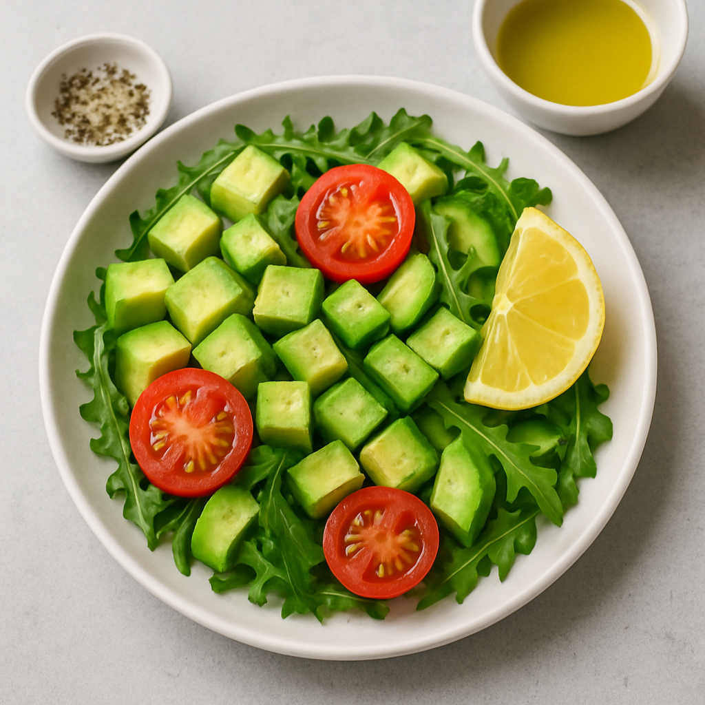 Zdrava salata sa avokadom, paradajzom, krastavcem i rukolom u beloj činiji